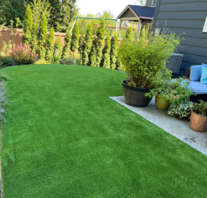 backyard with synthetic turf and sone side with plants on it.